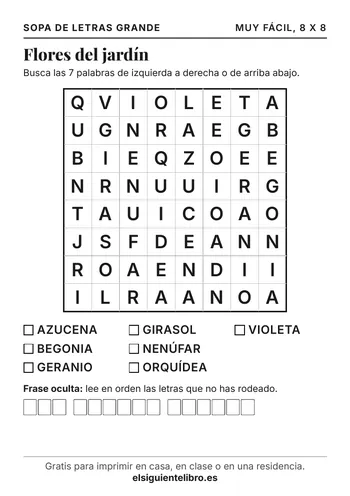 Vista previa de sopa de letras grande: flores del jardín para imprimir