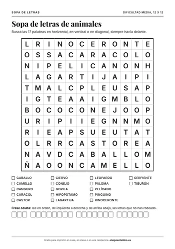 Vista previa de sopa de letras de animales para imprimir