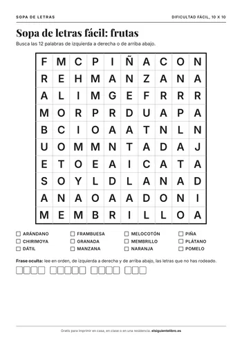 Vista previa de sopa de letras fácil: frutas para imprimir