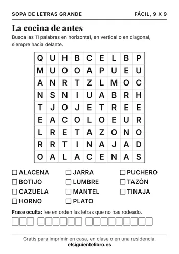 Vista previa de sopa de letras en letra grande: la cocina de antes para imprimir