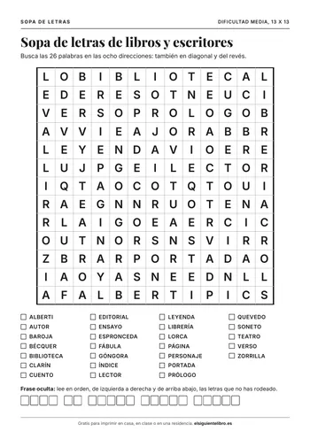 Vista previa de sopa de letras de libros y escritores para imprimir